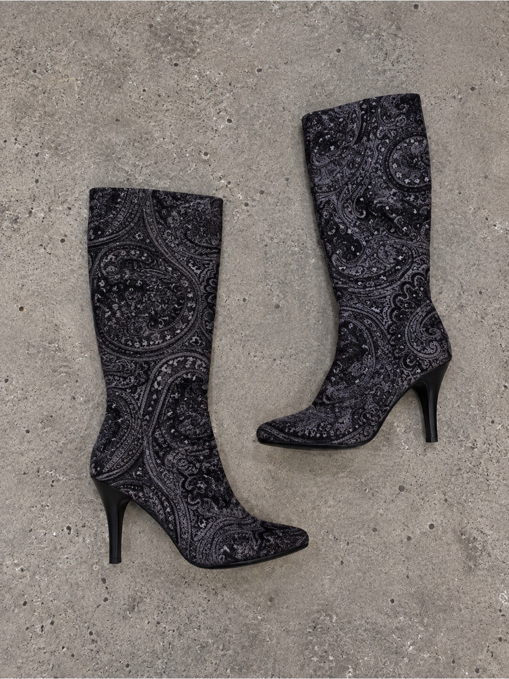 Diba Black Paisley Mid-Calf Heeled Boots